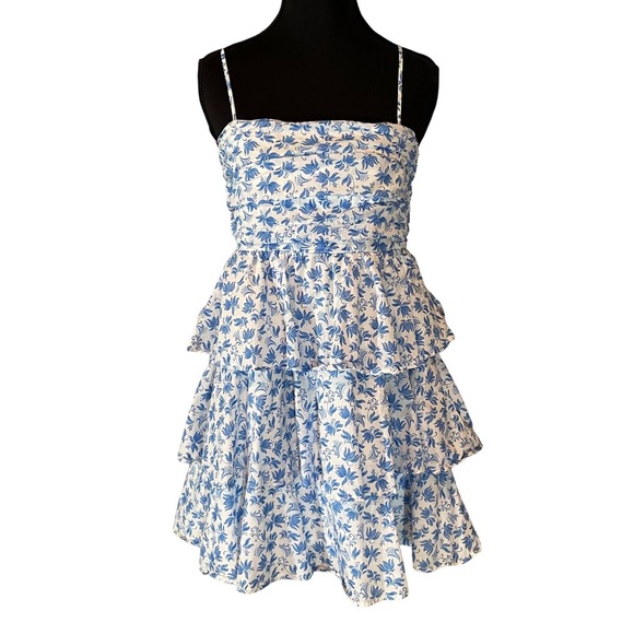 Francescas Dresses & Skirts - Francescas Mi Ami Blue Floral Ruffle Tiered Mini Dress Spaghetti Strap Smocked M